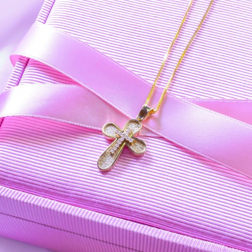 Χρυσός μασίφ βαπτιστικός σταυρός Κ14 με αλυσίδα