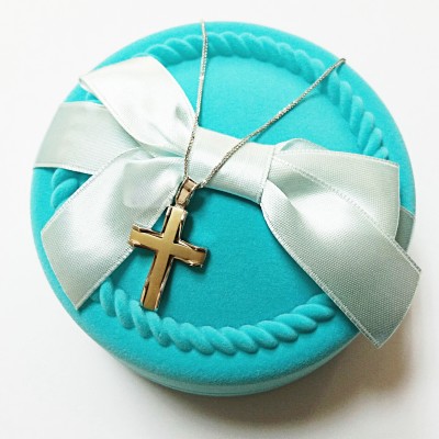 Δίχρωμος μασίφ χρυσός σταυρός βάπτισης αρραβώνα Κ14 με αλυσίδα