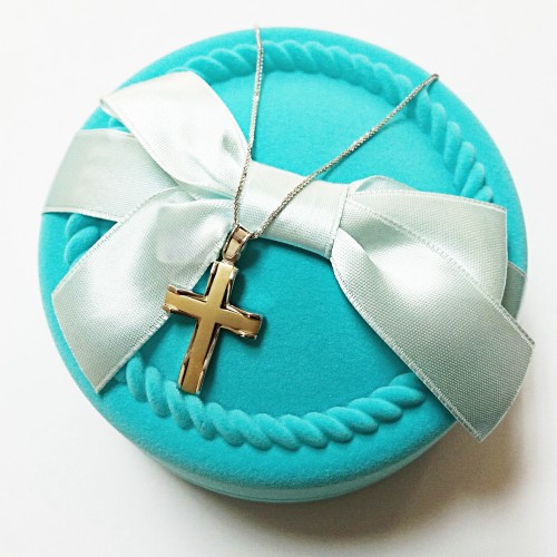 Δίχρωμος μασίφ χρυσός σταυρός βάπτισης αρραβώνα Κ14 με αλυσίδα