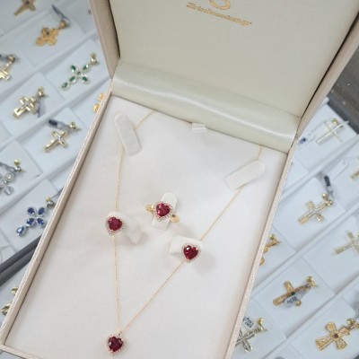 Χρυσό σετ κοσμημάτων καρδιές Κ14 με σκουλαρίκια, δαχτυλίδι, κολιέ