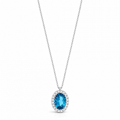 Λευκόχρυσο κολιέ Κ18 με London Blue Topaz και διαμάντια