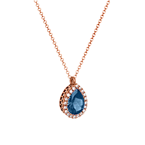 Ροζ χρυσό κολιέ σταγόνα Κ18 με διαμάντια και London Blue Topaz