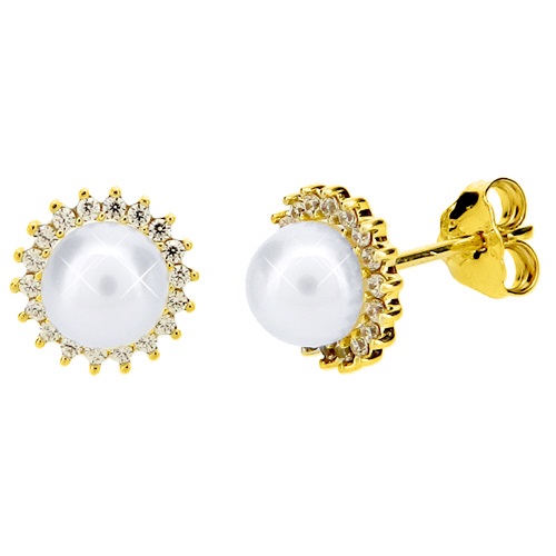 Χρυσά σκουλαρίκια Κ14 με μαργαριτάρι και ζιργκόν