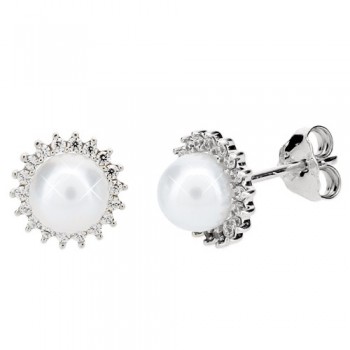 Λευκόχρυσα σκουλαρίκια Κ14 με μαργαριτάρια και ζιργκόν