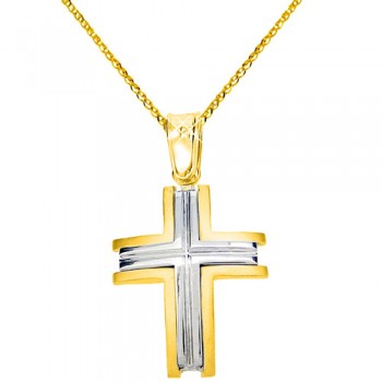 Δίχρωμος μασίφ σταυρός βάπτισης αρραβώνα Κ9 με αλυσίδα