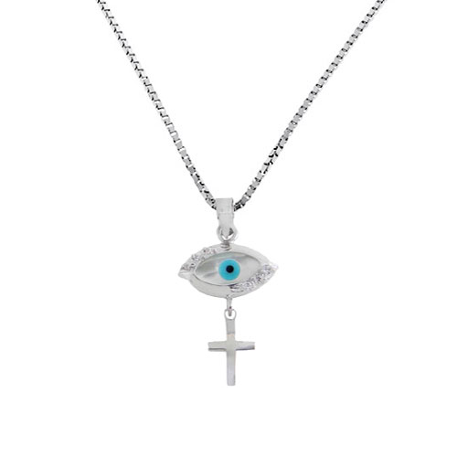 Λευκόχρυσο μενταγιόν ματάκι Κ14 με αλυσίδα